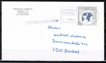 Berlin 817 als portoger. EF mit 70 Pf Whrungsfond auf Briefdrucksache bis 20g von 1988-1989 von Berlin ins Bundesgebiet, codiert