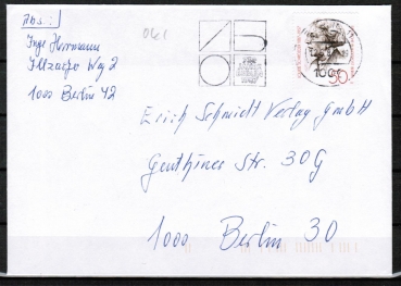 Berlin 779 als portoger. EF mit 50 Pf Louise Schrder auf Ortsbrief bis 20g von 1987-1989 innerhalb Berlins, codiert, fehlende rs. Oberklappe