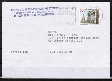 Berlin 761 als portoger. EF mit 50 Pf Charlottenburger Tor auf Ortsbrief bis 20g von 1986-1989 innerhalb Berlins, codiert