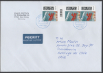 Bund 3671 als portoger. MeF mit 3x 110 Cent Briefe-DS aus Rolle mit kl.Zw. auf Auslands-Brief 14x20 cm von 2025-2026 nach Chile, AnkStpl. 20 cm lang