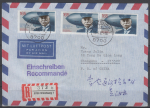 Bund 1597 als portoger. MeF mit 3x 165 Pf Graf Zeppelin auf Luftpost-Einschreibe-Brief 10-15g von 1992 nach China, AnkStpl.
