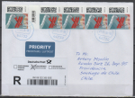Bund 3671 als portoger. MeF mit 5x 110 Cent Briefe-Dauerserie aus Rolle mit kl.Zwfeld. auf Auslands-Enschreibe-Brief 20-50g von 2025-2026 n. Chile, AnkStpl.