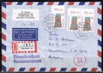 Berlin 815 als portoger. MeF mit 3x 120 Pf SWK aus Bogen als Oberrand-Marken auf Luftpost-Einschreibe-Brief bis 5g von 1988-1989 n. Australien, AnkStpl.