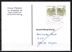 Bund 1140 als portoger. MeF mit 2x 80 Pf B+S - Serie aus Rolle im Letterset-Druck auf Einzel-Anschriftenprüfungs-Postkarte von 1997-2002, codiert