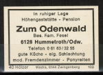 Zndholz-Etikett Hchst / Hummetroth, Hhengaststtte - Pension "Zum Odenwald", um 1965 / 1970