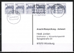 Bund 913 als portoger. MeF mit 6x 10 Pf B+S - Serie als Bogenmarken auf Sammel-Anschriftenprüfungs-Postkarte von 1993-2002