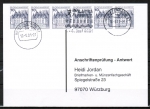 Bund 913 als portoger. MeF mit 6x 10 Pf B+S - Serie als Bogenmarken auf Sammel-Anschriftenprfungs-Postkarte von 1993-2002