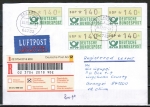 Bund ATM 1 - - 5 Marken zu 140 Pf als portoger. MeF auf Luftpost-Einschreibe-Brief bis 20g von 2001 nach China, AnkStpl.