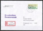 Bund ATM 1 - Marke zu 320 Pf in Gravur-Type als portoger. EF auf Auslands-Einschreibe-Brief bis 20g von 1984 in die USA, AnkStpl., TQ Bfsdg. Hannover/ed