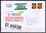 Bund 2534 als portoger. MeF mit 2x 390 Ct. Blumen aus Rolle auf Auslands-Wertbrief 20-50g von 2009-2010 in die Schweiz, Label