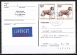 Bund 1839 als portoger. MeF mit 2x 100 Pf Jugend 1996 / Collie auf bersee-Luftpost-Postkarte nach Kanada von 1996, ohne Code