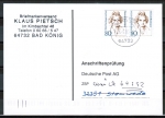 Bund 1755 als portoger. MeF mit 2x 80 Pf von Ense auf Anschriftenprüfungs-Postkarte von 1997-2002, codiert, ohne rs. Stpl.