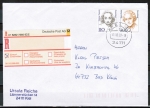 Bund 1956 als portoger. MiF mit 300 Pf M. Probst und 110 Pf M. Dietrich auf Einwurf-Einschreibe-Brief von 1997, codiert