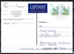 Bund 1534 als portoger. MeF mit 2x 100 Pf SWK "Altötting" geschnitten aus Skl.-MH auf Übersee-Luftpost-Postkarte von 1993-2002 n. USA, codiert