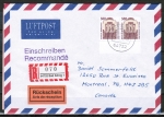 Bund 1679 als portoger. MeF mit 2x 500 Pf SWK als Unterrand-Bogen-Paar auf Lp-Einschr.-RSch-Brief von 1993-1997 n. Kanada, AnkStpl. auf RSch.