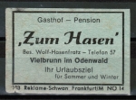 Zndholz-Etikett Michelstadt / Vielbrunn, Gasthof - Pension "Zum Hasen" - Wolf-Hasenfratz, um 1960