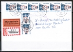 Berlin 814 als portoger. MeF mit 8x 70 Pf SWK / Nofretete aus Rolle auf Orts-Einschreibe-Rückschein-Brief bis 20g vom März 1991