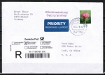 Bund 3199 als portoger. EF mit 250 Cent Blumen-Serie aus Rolle auf Auslands-Blinden-Einschreib-Brief von 2016-2019 in die USA, vs. rote(!) Codierung