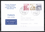 Bund 916+914+913 o.g. als portoger. Zdr.-EF mit 50rot+30+10 Pf B+S oben geschnitten aus MH auf Luftpost-Postkarte von 1986 in die USA, rs. CodeStpl.