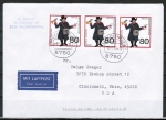Bund 1438 als portoger. MeF mit 3x 80 Pf Wohlfahrt 1989 auf Luftpost-Brief 15-20g von 1990 in die USA, vs. codiert