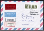 DDR 1968 - 1,- Mark im Rastertiefdruck aus Rolle als portoger. MeF auf Luftpost-Eil-Einschr.-RSch-Brief bis 10g vom Juni 1990 nach Israel, AnkStpl. auf RSch
