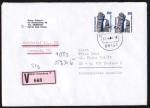 Bund 1407 als portoger. MeF mit 2x 350 Pf SWK aus Rolle auf Ausl.-Wertbrief 20-50g von 1992-1997 n. Tschechien, AnkStpl.