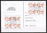 Berlin 833 als portoger. MeF mit 8x 5 Pf Frauen-Serie auf Orts-Postkarte von 1989-1991