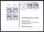 Bund 913 als portoger. MeF mit 6x 10 Pf B+S - Serie als Bogenmarken mit OR / ER auf Sammel-Anschriftenprüfungs-Postkarte von 1993-2002, codiert