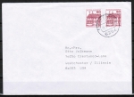Bund 1028 als portoger. MeF mit 2x roter 60 Pf B+S - Marke aus Rolle im Buchdruck auf Auslands-Brief bis 20g von 1982-1989 in die USA, rs. Code