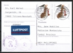 Bund 2285 als portoger. MeF mit 2x 51 Cent Weihnachten 2002 auf Luftpost-Postkarte von 2002 nach den Philippinen, vs. AnkStpl.
