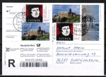 Bund 3300 + 3310 als 4er-Zdr. als portoger. Zdr.-EF mit 70 Cent Luther + 70 Cent Wartburg aus MH auf Einwurf-Einschreib-Postkarte von 2019-2021, codiert