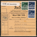 Bund 509 als portoger. MiF mit 50 Pf Brandenburger Tor aus Rolle und Zusatz auf Inlands-Paketkarte von 1966-1978