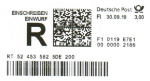 "Weißes Schalter-Label" der Deutschen Post AG zu 300 Cent als Einwurf-Einschreiben