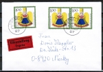 Bund 1487 als portoger. MeF mit 3x 100 Pf Weihnachten 1990 auf Sonderporto-Eilbrief bis 20g von 1990 ins VGO, AnkStpl.
