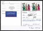 Bund 1959 als portoger. MeF mit 2x 100 Pf Weihnachten 1997 auf Übersee-Luftpost-Postkarte von 1998 nach China OHNE Ankunftsstempel