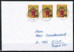 Bund 709 als portoger. MeF mit 3x 20 Pf Weihnachten 1971 auf Auslands-Brief bis 20g von 1971 nach Österreich, oben ca. 3 mm beschnitten