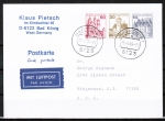 Bund 916+914+913 u.g. als portoger. Zdr.-EF mit 50rot+30+10 Pf B+S unten geschnitten aus MH auf Luftpost-Postkarte von 1986 in die USA, rs. Codestpl.