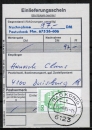 Bund 1038 als portoger. EF mit grüner 50 Pf B+S - Marke aus Bogen mit Unterrand auf Einlieferungsschein für einen Nachnahme-Brief von 1985