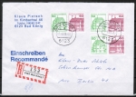 Bund 1038+1028 o.g. als portoger. Zdr.-MeF mit 3x 50 Pf grne + 60 Pf rote B+S als Zdr. oben geschnitten aus MH auf Einschr.-Brief 20-50g von 1982-1989