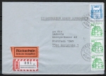 Bund 1142 als portoger. MiF mit 280 Pf + 3x grne 50 Pf LS je B+S aus Rolle auf Inlands-Einschreibe-Rckschein-Brief bis 20g von 1987-1989