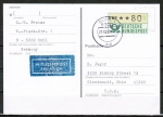 Bund ATM 1 - Marke zu 80 Pf in Spritzguss-Type als portoger. EF auf VGO-Übersee-Luftpost-Postkarte von 1990-1991 vom VGO in die USA, rs. kl. Code-Stpl.