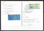 Bund ATM 1 - Marke zu 80 Pf in Spritzguss-Type als portoger. EF auf VGO-bersee-Luftpost-Postkarte von 1990-1991 vom VGO in die USA, rs. kl. Code-Stpl.