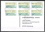 Bund ATM 1 mit dickem DBP - - 6 Marken zu 10 Pf als portoger. MeF auf Sammel-Anschriftenprüfungs-Postkarte von 1993-2002, codiert
