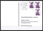 Bund 696 als portoger. MeF mit 3x 20 Pf Unfallverhütung aus Rolle auf Sammel-Anschriftenprüfungs-Postkarte von 1993-2002, codiert
