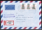 Bund 1375 als portoger. MeF mit 3x 120 Pf SWK als Bogen-3er-Paar auf Luftpost-Einschr.-Brief 5-10g von 1988 n. USA, leichte Stempel-Mngel