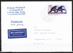 Bund 1010 als portoger. EF mit 90 Pf Sport 1979 auf Luftpost-Postkarte von 1986 in die USA, rs. 1 kl. Code-Stempelchen