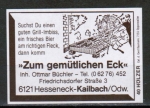 Zndholz-Etikett Oberzent / Kailbach, "Zum gemtlichen Eck" - Ottmar Bchler, um 1975