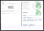 Bund 1038 o.g./u.g. als portoger. EF mit grner 50 Pf B+S - Marken oben/unten geschn. als senkr. Paar aus Letterset-MH auf Inl.-Postkarte von 2001, codiert