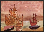 10 gleiche Ansichtskarten von Werner Gilles (*1894-....) - "Schiffe am Strand" (1960)