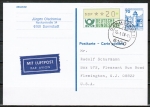 Bund ATM 1 - Marke zu 20 Pf in Gravur-Type als Zusatz auf 70 Pf Auslands-Ganzsachen-Postkarte für Luftpost von 1982-1989 in die USA, rs. kl. Code-Stpl.
